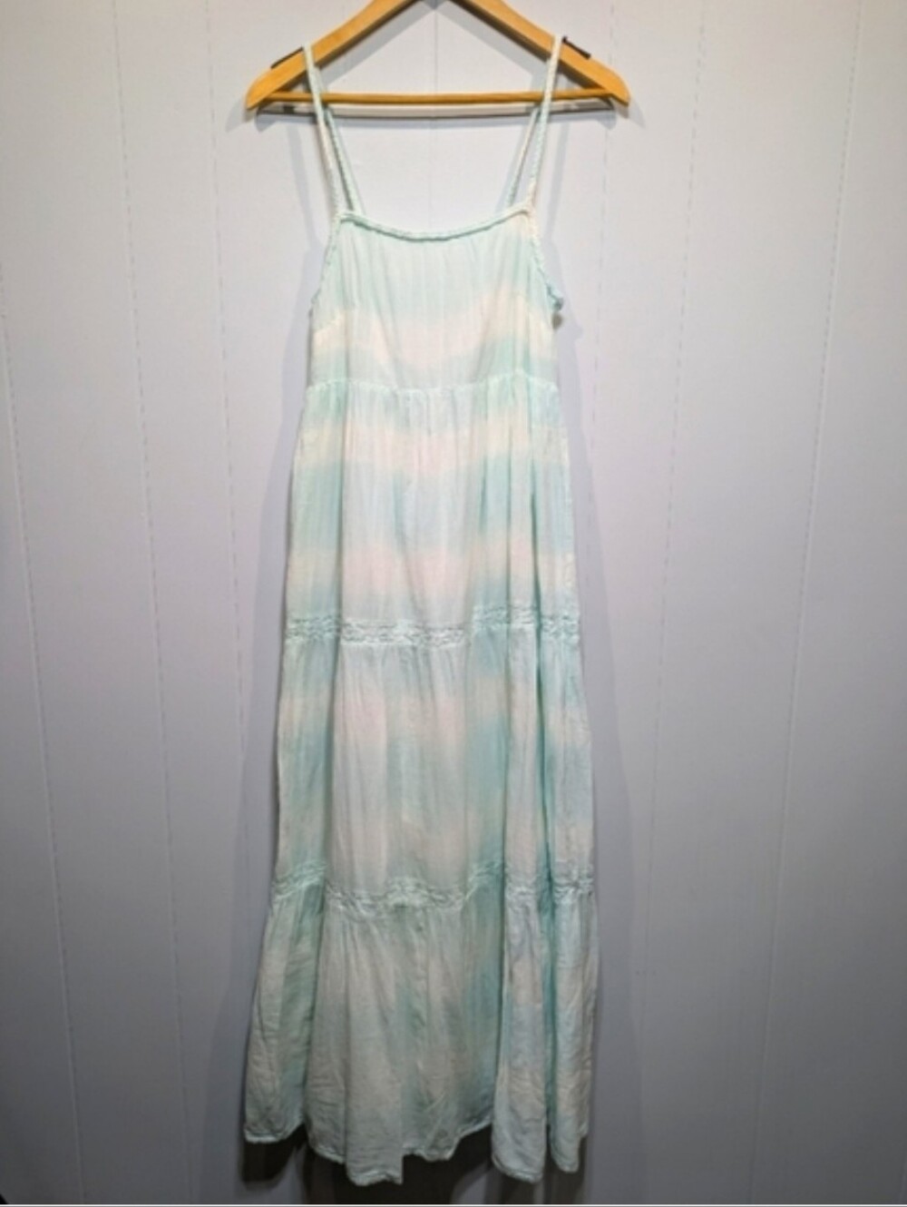 Aerie Tie Dye Tiered Maxi Dress Blue White Cotton Size Medium